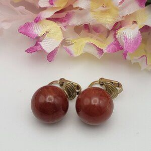 CASTLECLIFF Brown Marble Lucite Ball Stud Earrings 15mm Clip-On Vintage Signed